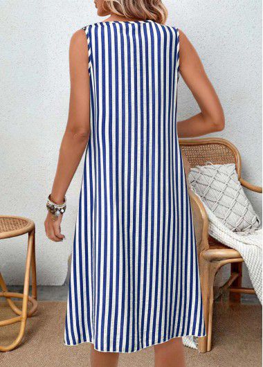Modlily Blue Patchwork Striped A Line Sleeveless V Neck Dress - XL
