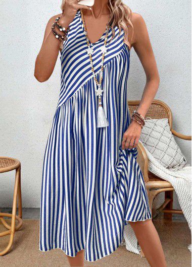 Modlily Blue Patchwork Striped A Line Sleeveless V Neck Dress - XL