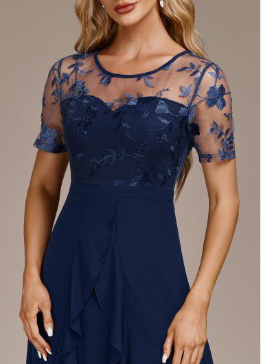 Modlily Navy Mesh High Low Short Sleeve Round Neck Dress - XXL