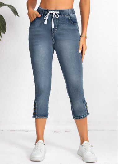 Modlily Denim Blue Pocket Regular Elastic Waist High Waisted Jeans - 2XL