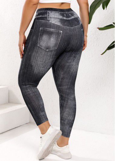 Modlily Black Plus Size Denim-effect Print Skinny Elastic Waist Leggings - 2XL