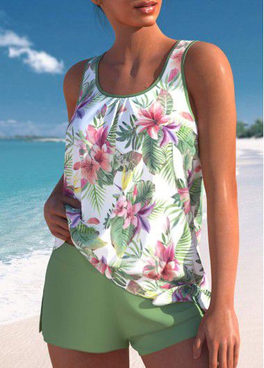 Modlily Bowknot Mid Waisted Tropical Plants Print Tankini Set - M