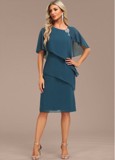 Modlily Peacock Blue Layered Cape Sleeve Asymmetrical Neck Shift Dress - M