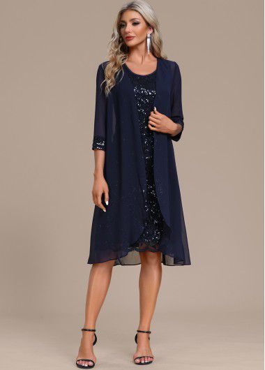 Modlily Navy Lace Sequin Shift Dress and Cardigan - M