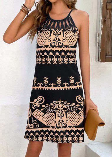 Modlily Black Cage Neck Tribal Print Dress - M