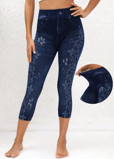 Modlily Denim Blue Floral Print High Waisted Capri Leggings - M