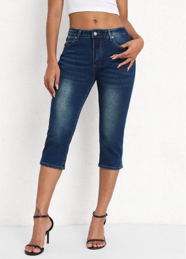 Modlily Denim Blue Mid Waisted Capri Button Fly Leggings - S