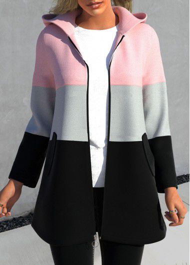 Modlily Pink Zipper Contrast Color Long Sleeve Hooded Jacket - XXL