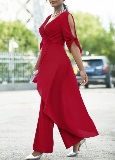 Modlily Flower Decoration Chiffon Wine Red Jumpsuit - M