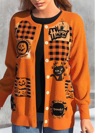 Modlily Orange Button Halloween Print Long Sleeve Coat - L