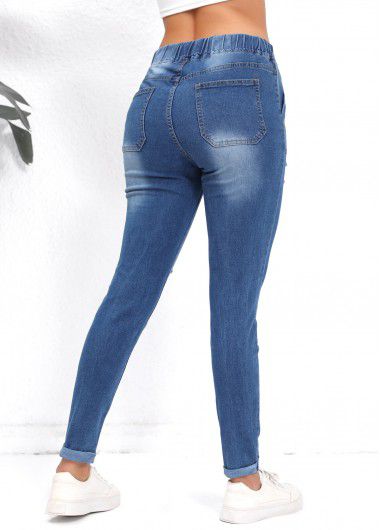 Modlily Denim Blue Pocket Skinny Elastic Waist High Waisted Jeans - M