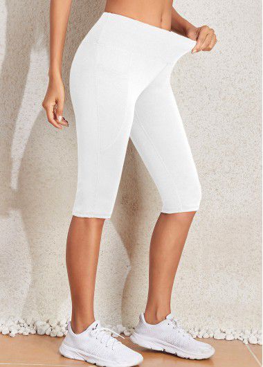 Modlily White Mid Waisted Knee Length Elastic Waist Leggings - XL