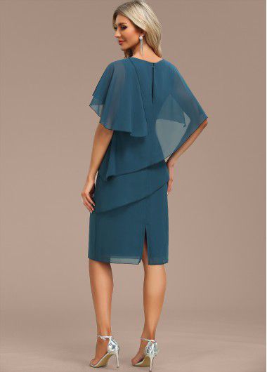 Modlily Peacock Blue Layered Cape Sleeve Asymmetrical Neck Shift Dress - M