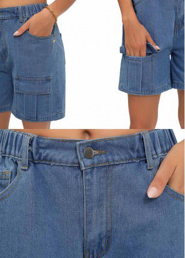 Modlily Denim Blue Double Side Pockets Button Fly Shorts - L