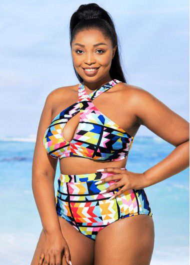 Modlily Plus Size High Waisted Geometric Print Bikini Set - 3XL