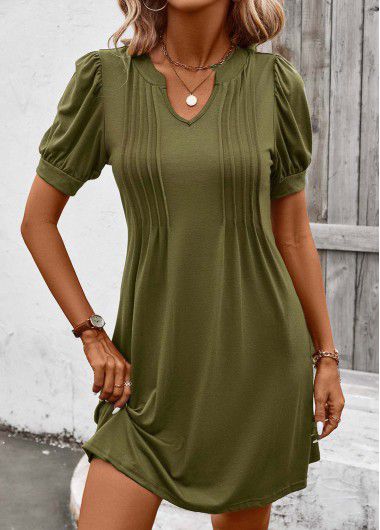 Modlily Olive Green Tuck Stitch Short Split Neck Dress - L