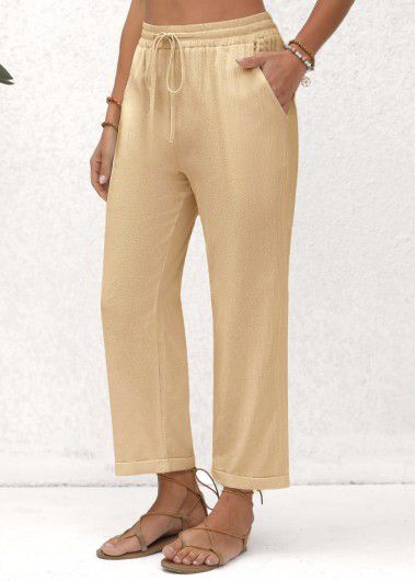 Modlily Beige Pocket Elastic Waist High Waisted Pants - L