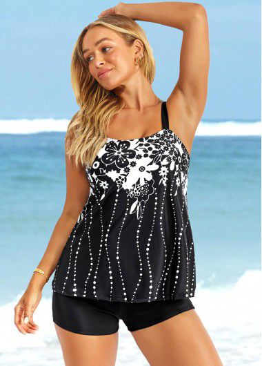 Modlily Floral Print Wide Strap Black Tankini Top - M