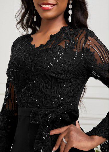 Modlily Black Lace Long Belted V Neck Jumpsuit - M