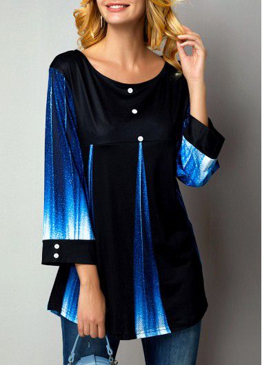 Modlily Women&apos;s Button Up Blue And Black Ombre Casual Tunic Top - S