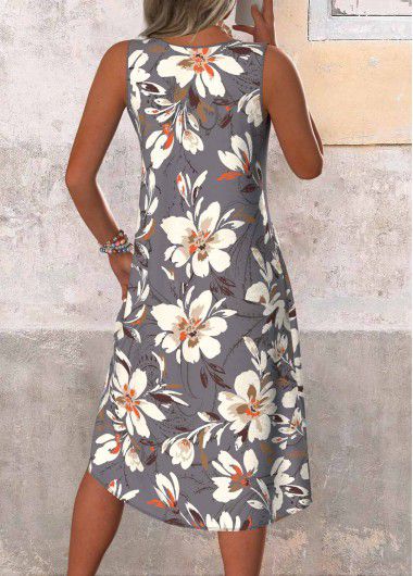 Modlily Dark Grey Patchwork Floral Print A Line Sleeveless Dress - S