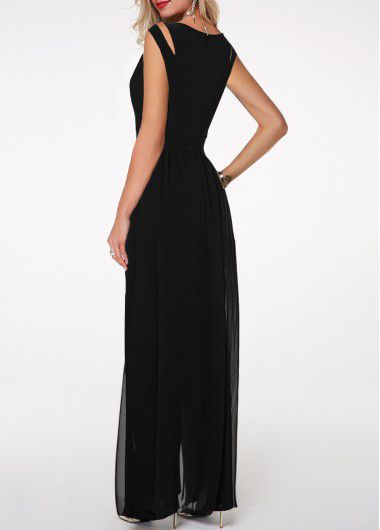 Modlily Black Jumpsuit With High Waist Chiffon Cutout Sleeveless Crew Neck Overlay Black Jumpsuit - S
