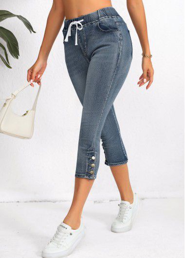 Modlily Denim Blue Pocket Regular Elastic Waist High Waisted Jeans - S