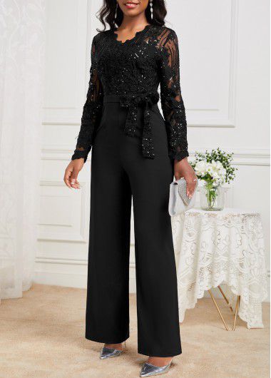 Modlily Black Lace Long Belted V Neck Jumpsuit - M