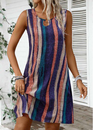 Modlily Multi Color Breathable Striped A Line Sleeveless Dress - XL