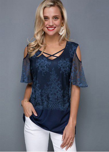 Modlily Criss Cross Short Sleeve V Neck T Shirt - S