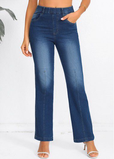 Modlily Elastic Waist Denim Blue High Waisted Jeans - 2XL