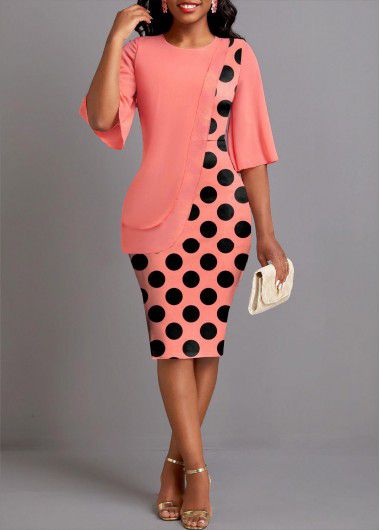 Modlily Coral Asymmetry Polka Dot Half Sleeve Bodycon Dress - L