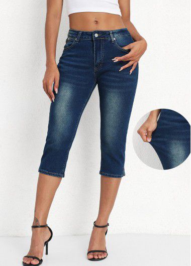 Modlily Denim Blue Mid Waisted Capri Button Fly Leggings - 2XL