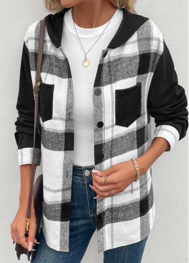 Modlily Black Patchwork Plaid Long Sleeve Hooded Coat - M