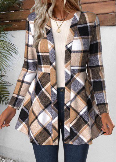 Modlily Light Coffee Plaid Long Sleeve Coat - L