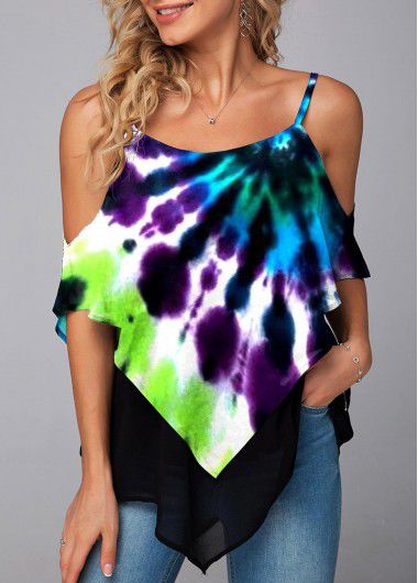 Modlily Tie Dye Print Asymmetric Hem Mesh Stitching T Shirt - S