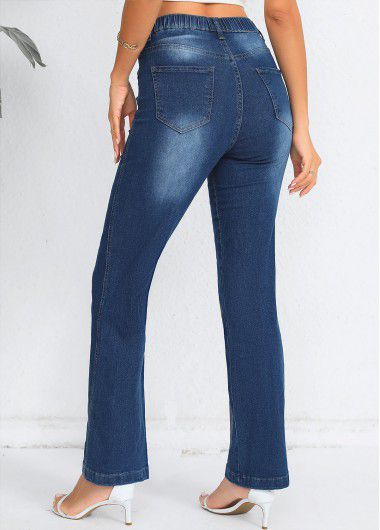 Modlily Elastic Waist Denim Blue High Waisted Jeans - 2XL