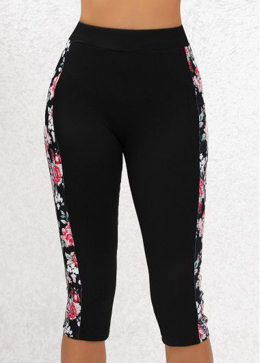 Modlily Black Floral Print High Waisted Capri Elastic Waist Leggings - L