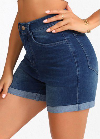 Modlily Denim Blue Pocket Regular Button Fly High Waisted Shorts - 2XL