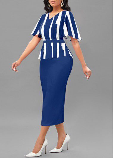 Modlily Blue Patchwork Striped Short Sleeve V Neck Bodycon Dress - M