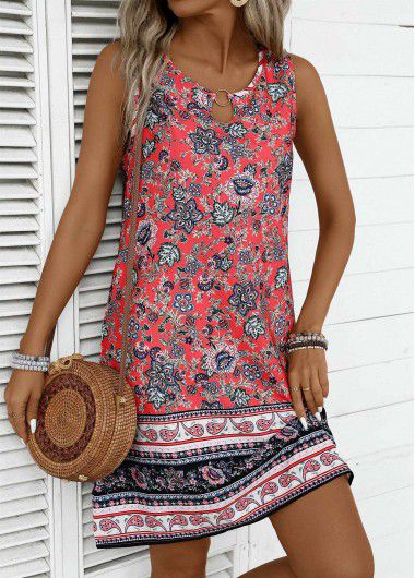 Modlily Coral Circular Ring Tribal Print Sleeveless Round Neck Dress - XXL