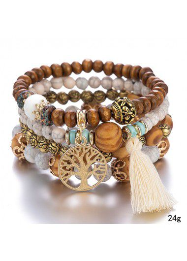 Modlily Geometric Beaded Dark Coffee Wood Bracelets - One Size