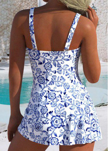 Modlily Bowknot Random Floral Print Blue One Piece Swimdress - L