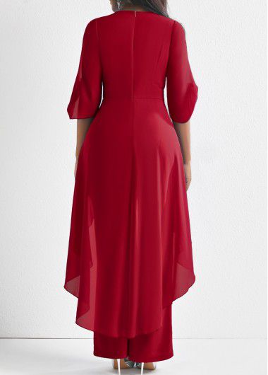 Modlily Flower Decoration Chiffon Wine Red Jumpsuit - M