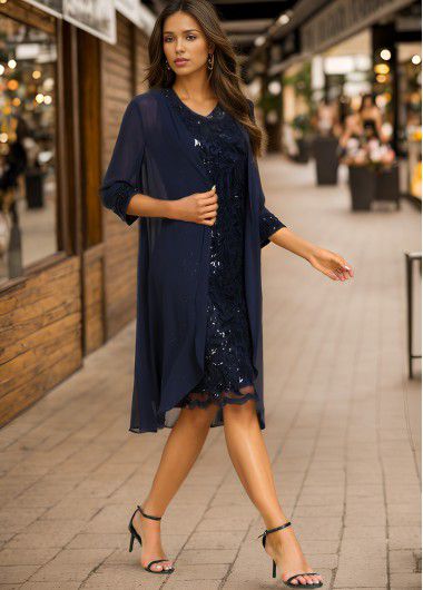 Modlily Navy Lace Sequin Shift Dress and Cardigan - M