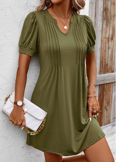 Modlily Olive Green Tuck Stitch Short Split Neck Dress - L