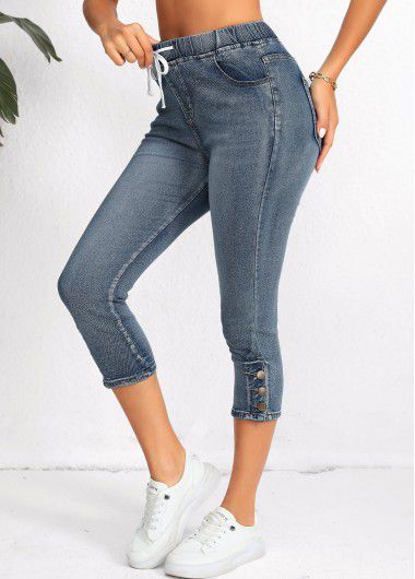 Modlily Denim Blue Pocket Regular Elastic Waist High Waisted Jeans - 2XL