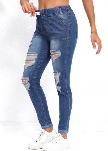 Modlily Denim Blue Pocket Skinny Elastic Waist High Waisted Jeans - M