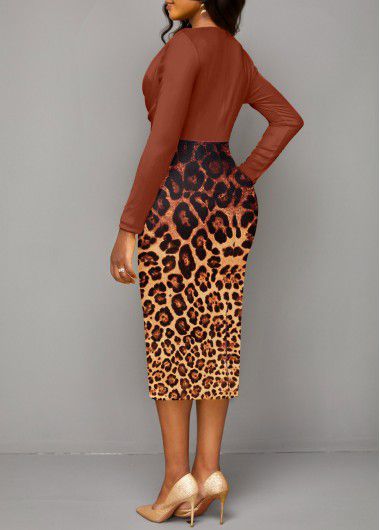 Modlily Dark Coffee Patchwork Leopard Long Sleeve Bodycon Dress - XXL