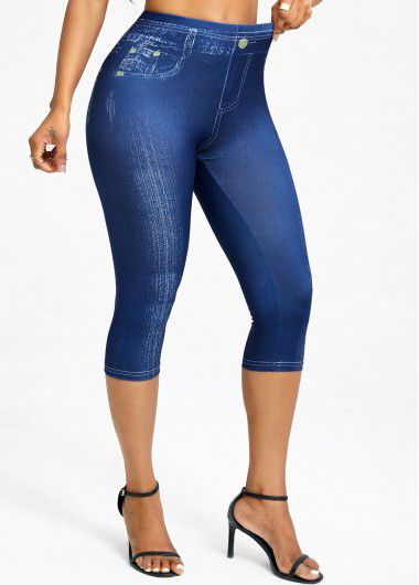 Modlily Denim Blue Denim-effect Print High Waisted Capri Leggings - S